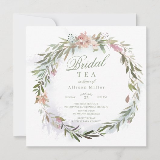 Waterverf Bloemrijke Greenery Krans Bruidsthee Kaart (Voorkant)