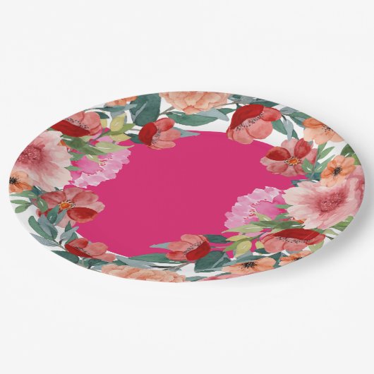 Waterverf bloemrijke helder roze bruids-shower taf papieren bordje (Gekanteld)