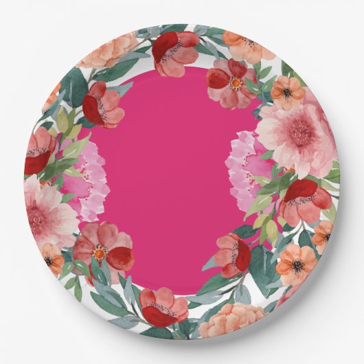 Waterverf bloemrijke helder roze bruids-shower taf papieren bordje (Voorkant)