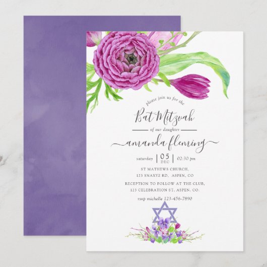 Waterverf Bloemrijke Lente Bat Mitzvah Kaart (Voorkant / Achterkant)
