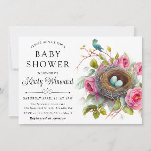 Waterverf Bloemrijke Lente Vogelnest Baby Shower Kaart