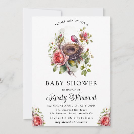Waterverf Bloemrijke Lente Vogelnest Baby Shower Kaart (Voorkant)