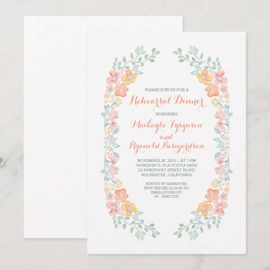 waterverf Bloemrijke Leuke Krans Repetitie Diner Kaart (Voorkant / Achterkant)