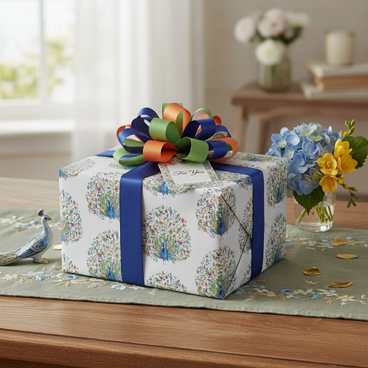 Waterverf bloemrijke pauw cadeaupapier