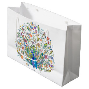 Waterverf bloemrijke pauw groot cadeauzakje