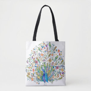 Waterverf bloemrijke pauw tote bag