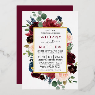 Waterverf Bloemstuk Bruidsframe Burgundy Goud Folie Uitnodiging
