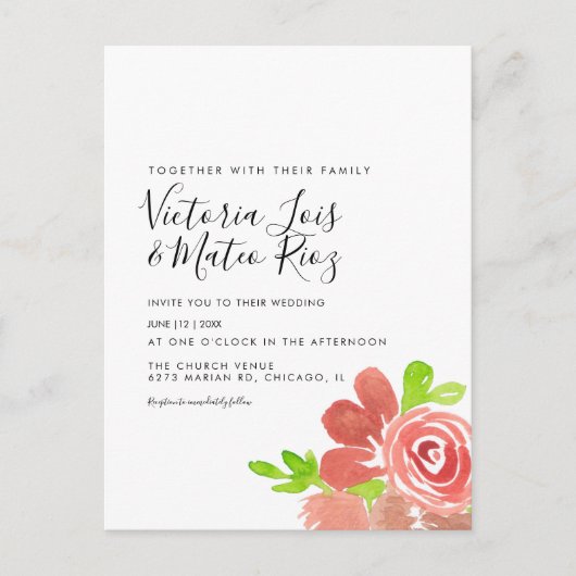 Waterverf bloemstuk roze trouw briefkaart (Voorkant)