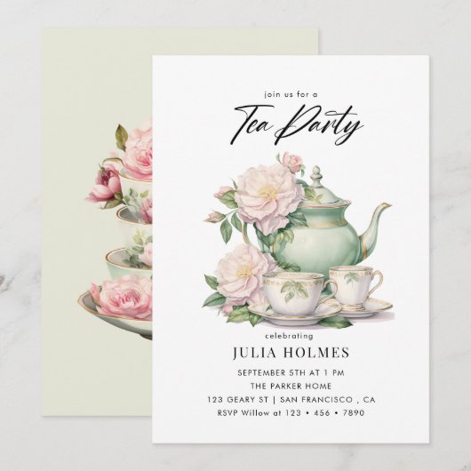 Waterverf Bloemstuk Theekopje Theepartij Kaart (Voorkant / Achterkant)