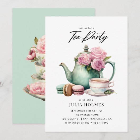 Waterverf Bloemstuk Theekopje Theepartij Kaart (Voorkant / Achterkant)