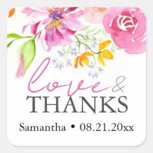 Waterverf bloemthema dank u vierkante sticker