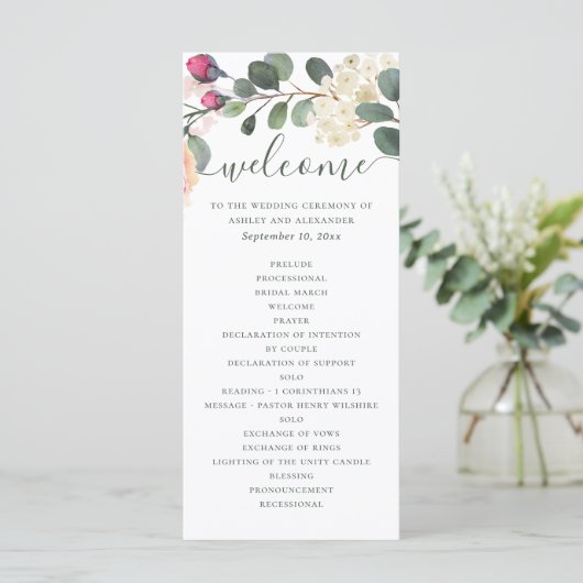 Waterverf bloemtuin. Roodbruingebladerde bruiloft Programmakaart (Staand voorkant)