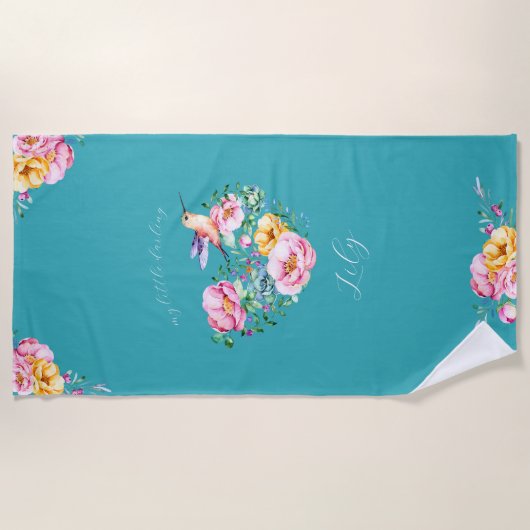 Waterverf Bloemvederhart en melkvogel Strandlaken (Voorkant)