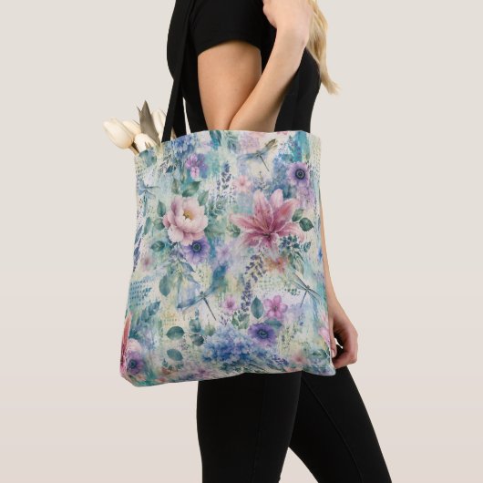 Waterverf Bloemvlinderpatroon Tote Bag (Dichtbij)
