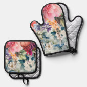 Waterverf bloesems ovenwant & pannenlap set (Voorkant / Achterkant)