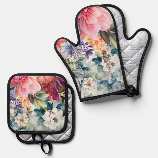 Waterverf bloesems ovenwant & pannenlap set (Voorkant / Achterkant)