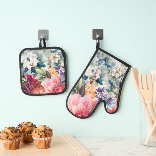 Waterverf bloesems ovenwant & pannenlap set (Insitu(Ophanging))