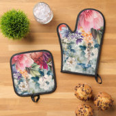 Waterverf bloesems ovenwant & pannenlap set (Top down)