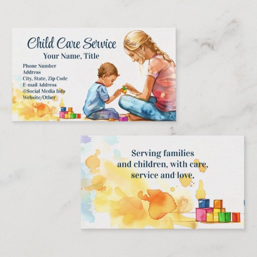 Waterverf blokkeert babysitter kinderopvangtherape visitekaartje (Voorkant / Achterkant)
