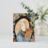 Waterverf blond meisje met gemberkat in bloemen briefkaart (Staand voorkant)