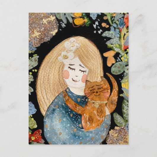 Waterverf blond meisje met gemberkat in bloemen briefkaart (Voorkant)