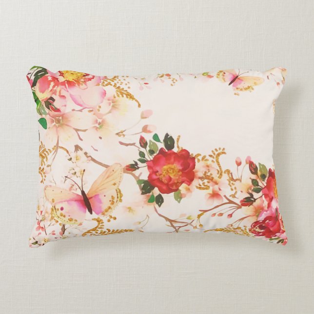Waterverf Bloom Floral Buttefly Blush Glitter Accent Kussen (Voorkant)