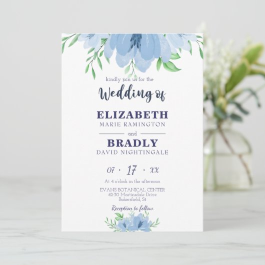 Waterverf Bloom Greenery Dusty Navy Blue Wedding Kaart (Staand voorkant)
