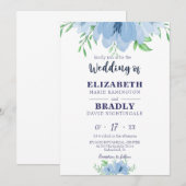 Waterverf Bloom Greenery Dusty Navy Blue Wedding Kaart (Voorkant / Achterkant)