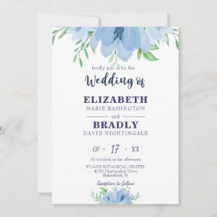 Waterverf Bloom Greenery Dusty Navy Blue Wedding Kaart
