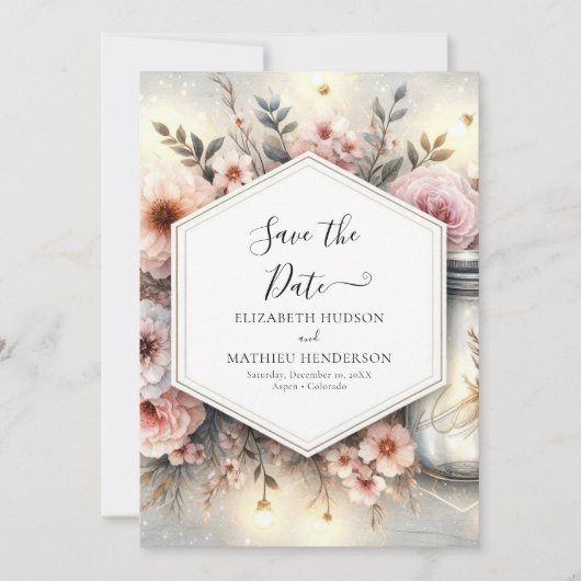 Waterverf Bloom Mason Jar Wedding Save The Date (Voorkant)