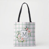 Waterverf Bloom | Pastel plaid monogram Tote Bag (Voorkant)