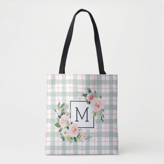 Waterverf Bloom | Pastel plaid monogram Tote Bag (Voorkant)