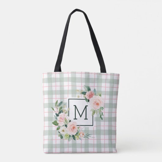 Waterverf Bloom | Pastel plaid monogram Tote Bag (Achterkant)