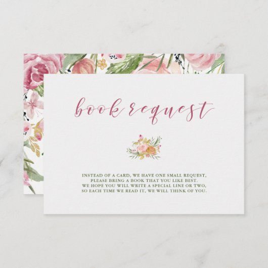 Waterverf Bloom Pink | Verzoek om Baby shower Book Informatiekaartje (Voorkant / Achterkant)