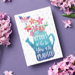 Waterverf Bloom waar u bent geplant Briefkaart<br><div class="desc">Bloom, waar je geplant Briefkaart bent - Een prachtig faux-briefkaart voor het ontwerpen van een waterverf met een water kan vol bloemen en een vlinder staan. De Bloom waar je geplant bent, is over dankbaarheid. Het gaat om het benutten van de kansen die je op weg bent en dankbaar zijn....</div>