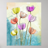 Waterverf Blooming Flowers met Dark Black Lines Poster (Voorkant)