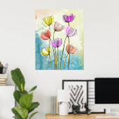 Waterverf Blooming Flowers met Dark Black Lines Poster (Thuiskantoor)