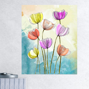 Waterverf Blooming Flowers met Dark Black Lines Poster