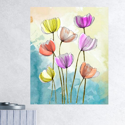 Waterverf Blooming Flowers met Dark Black Lines Poster