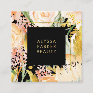 Waterverf Blooms Goud en pekelhout op zwart Vierkante Visitekaartje
