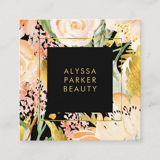 Waterverf Blooms | Goud en pekelhout op zwart Vierkante Visitekaartje (Voorkant)