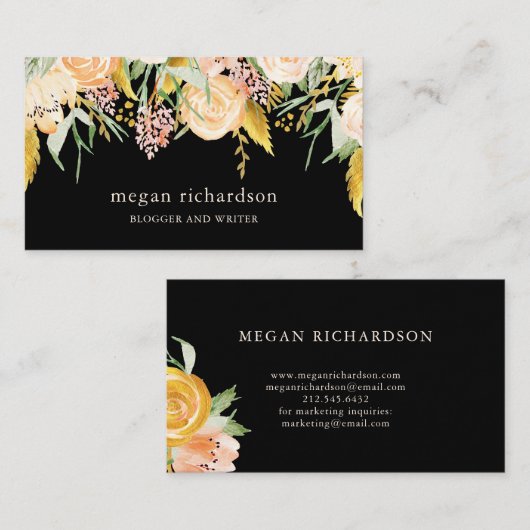 Waterverf Blooms | Goud en pekelhout op zwart Visitekaartje (Voorkant / Achterkant)