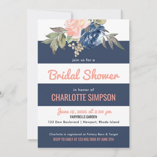 Waterverf Blooms Navy Blue Stripes Vrijgezellenfee Kaart (Voorkant)