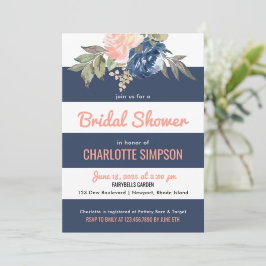 Waterverf Blooms Navy Blue Stripes Vrijgezellenfee Kaart (Staand voorkant)