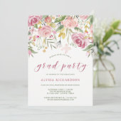 Waterverf Blooms Pink and Gold Graduation Party Kaart (Staand voorkant)