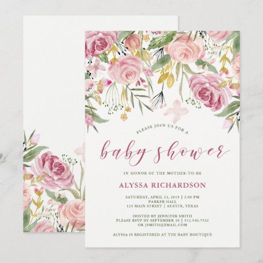 Waterverf Blooms Pink en Gold Florence Baby shower Kaart (Voorkant / Achterkant)
