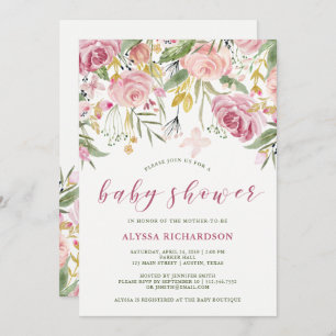 Waterverf Blooms Pink en Gold Florence Baby shower Kaart