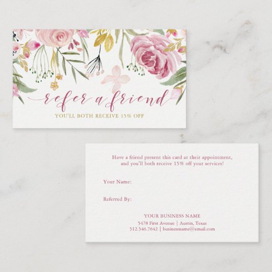 Waterverf Blooms | Referentie roze en gouden bloem Aanbevelingskaartje (Voorkant / Achterkant)