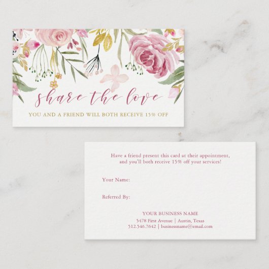 Waterverf Blooms | Referentie roze en gouden bloem Aanbevelingskaartje (Voorkant / Achterkant)