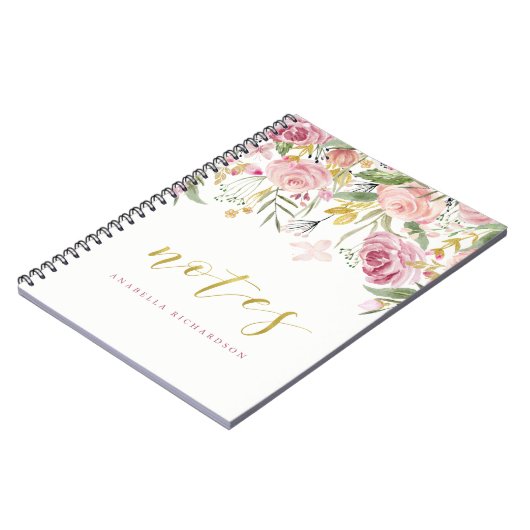 Waterverf Blooms | Roze en goudbloemen | Toelichti Notitieboek (Linkerzijde)